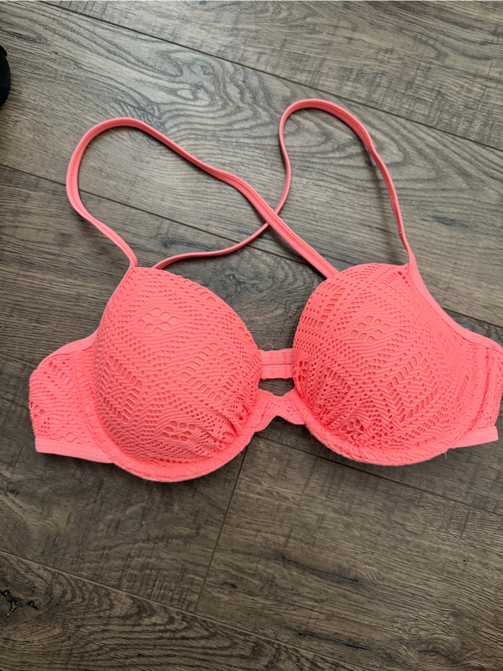 Aerie Neon Coral Crochet Push-Up Bikini Top 34C Underwire